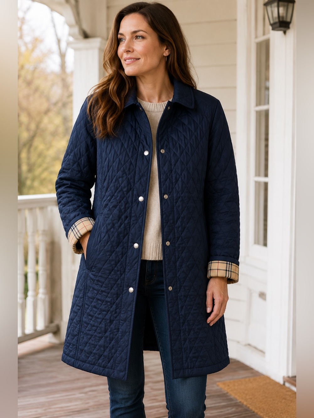 L.L.Bean Women’s Quilted Riding Coat Navy Blue Plaid Lined Long Barn Jacket XL